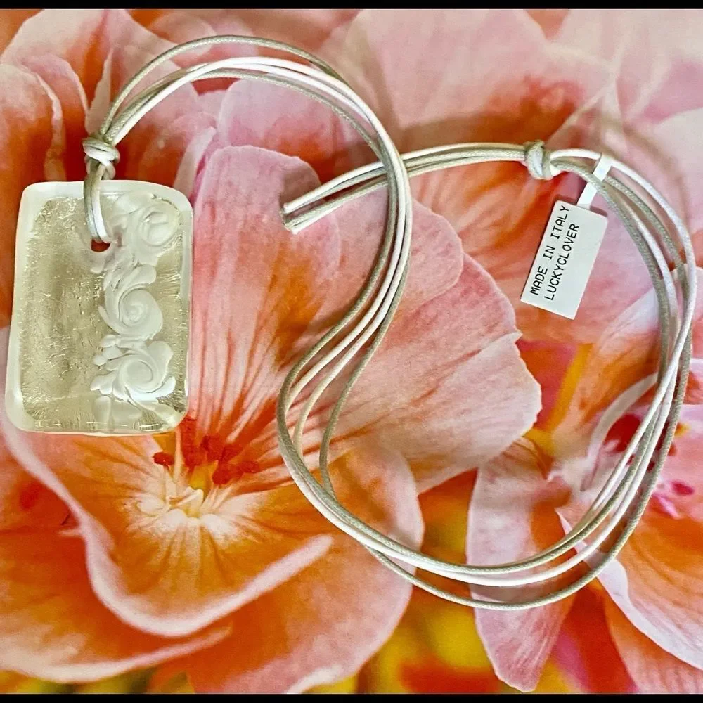 LUCKY Clover white glass tile necklace NWT